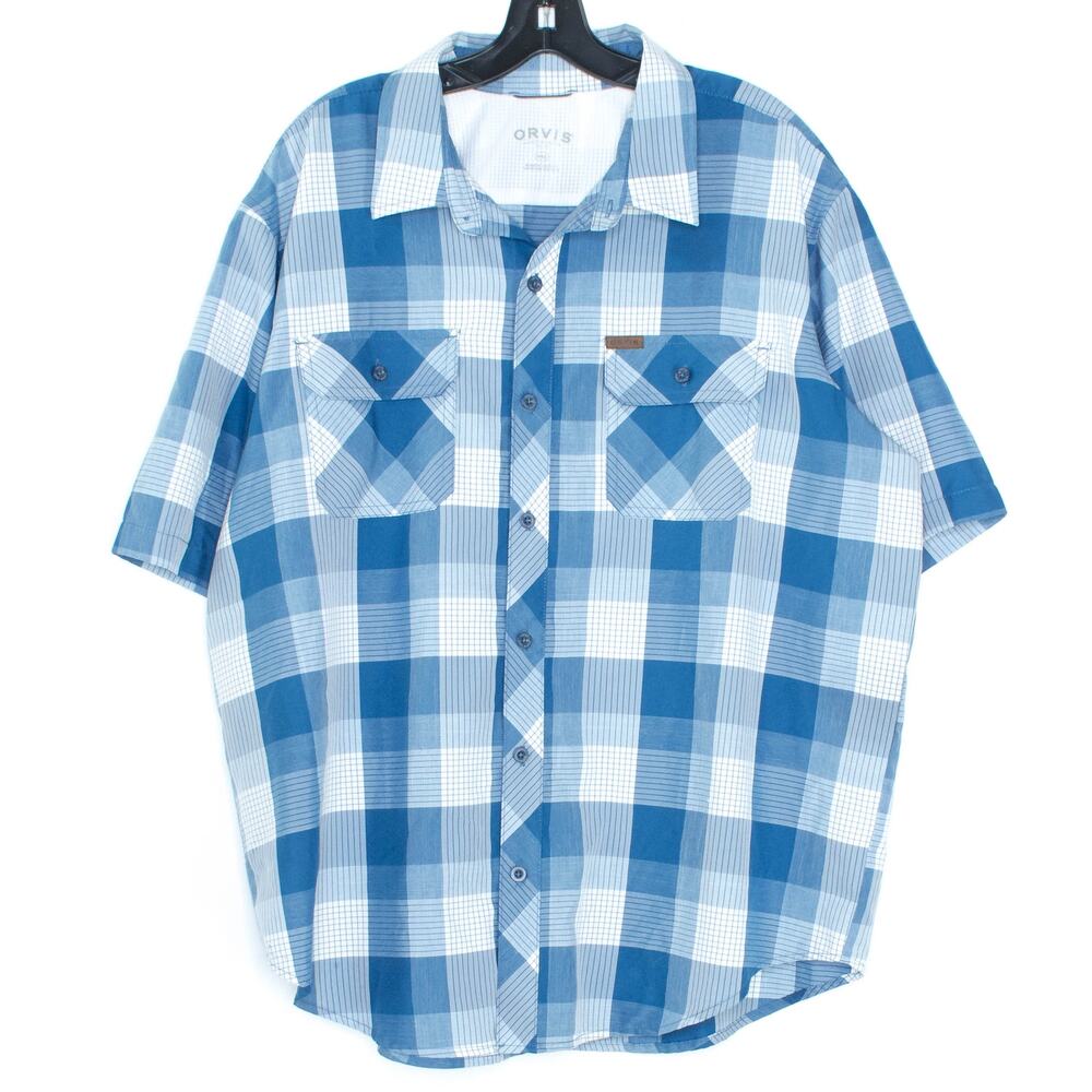 Orvis Mens Shirt Preppy Casual Summer Americana Coastal Button Up Plaid Blue XXL